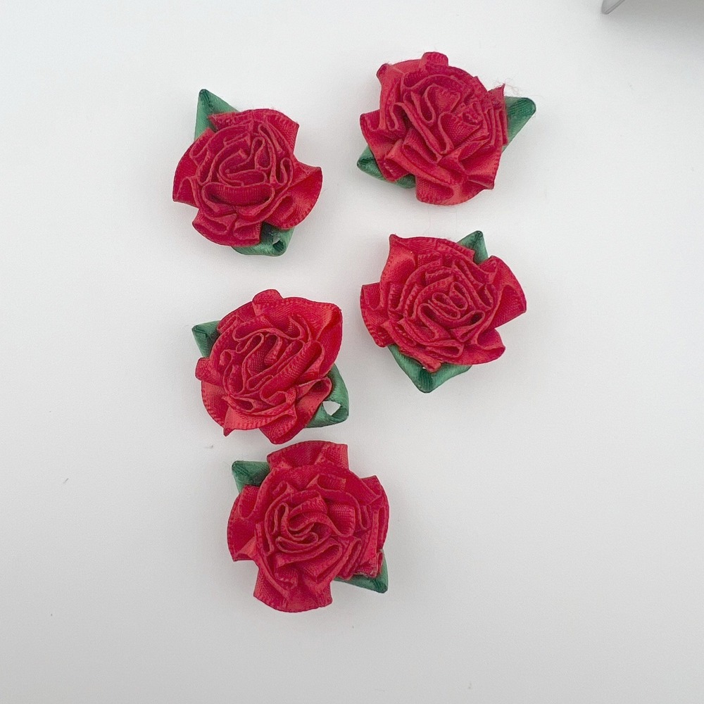 Red Ribbon‎ Rose Applique Lot of 5 3D Floral Trim Sewing Craft Embellishments